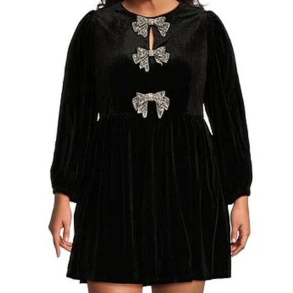 Sugarlips Plus Long Sleeve Bow Velvet Mini Dress - Picture 1 of 6